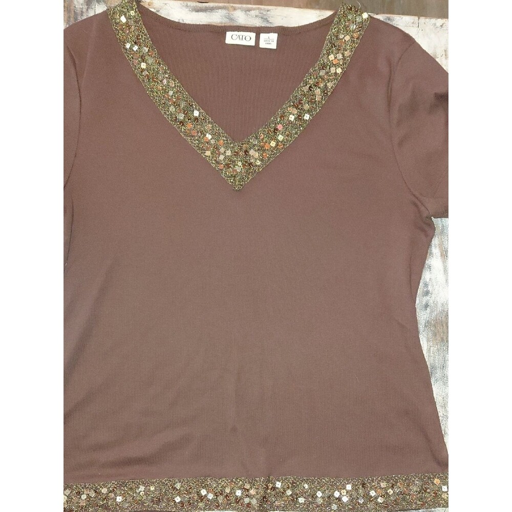 Cato Brown Long-Sleeve Knit Top with Sequin V-Neck
